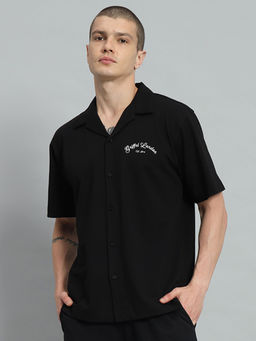 Griffel - Printed Regular Fit Black Bowling Shirt