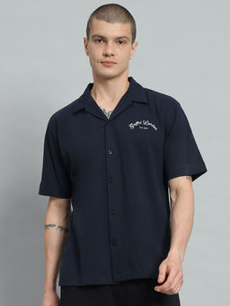 Griffel - Printed Regular Fit Navy Blue Bowling Shirt
