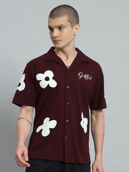 Griffel - Flower Printed Regular Fit Maroon Bowling Shirt