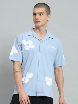 Griffel - Flower Printed Regular Fit Sky Blue Bowling Shirt