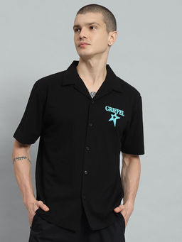 Griffel - Star Printed Regular Fit Black Bowling Shirt