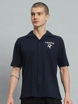 Griffel - Star Printed Regular Fit Navy Blue Bowling Shirt