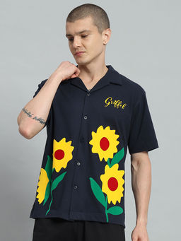 Griffel - Sun Flower Printed Regular Fit Navy Blue Bowling Shirt