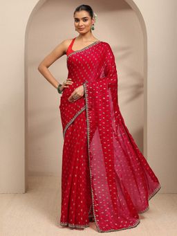 Libas - Red Floral Motif Printed Saree With Embellished Border Saree With Unstitched Blouse