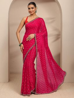 Libas - Pink Floral Motif Printed Saree With Embellished Border Saree With Unstitched Blouse