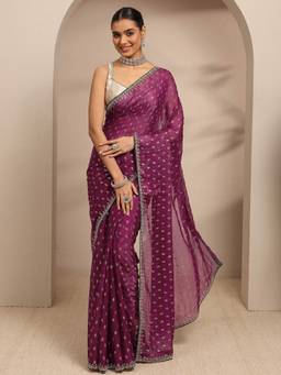 Libas - Burgundy Floral Motif Printed Saree With Embellished Border Saree With Unstitched Blouse