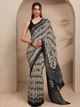 Libas - Black Tribal Printed Saree With Unstitched Blouse