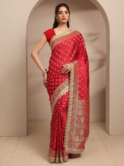 Libas - Red Ethnic Motif Zari Woven Design With Embellished Border Saree With Unstitched Blouse