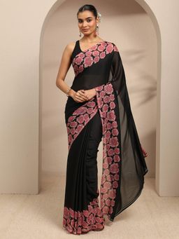 Libas - Black Floral Printed Border Saree With Unstitched Blouse