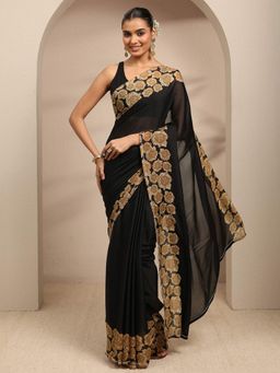 Libas - Black Floral Printed Border Saree With Unstitched Blouse