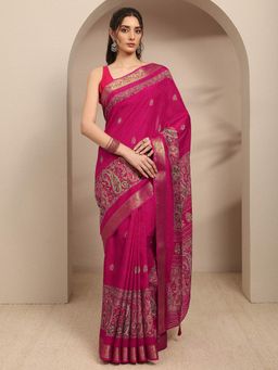 Libas - Pink Paisley Printed With Woven Design Border Saree With Unstitched Blouse