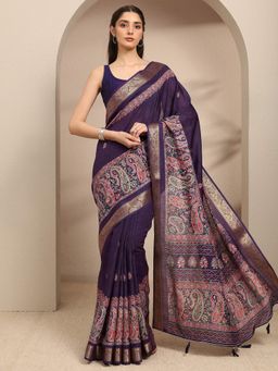 Libas - Purple Paisley Printed With Woven Design Border Saree With Unstitched Blouse