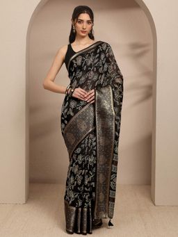 Libas - Black Floral Printed Saree With Woven Design Border Saree With Unstitched Blouse
