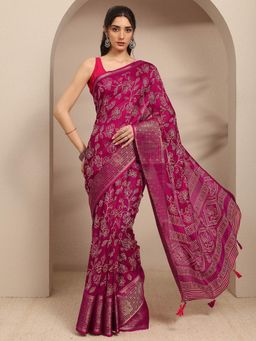 Libas - Rani Pink Floral Printed Saree With Woven Design Border Saree With Unstitched Blouse