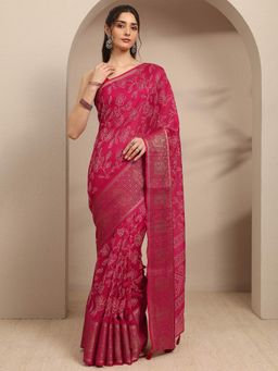 Libas - Pink Floral Printed Saree With Woven Design Border Saree With Unstitched Blouse