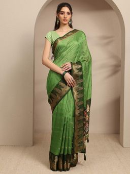 Libas - Green Zari Woven Design Saree With Unstitched Blouse