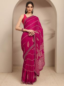 Libas - Pink Ethnic Motif Printed Embellished Border Saree With Unstitched Blouse