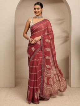 Libas - Brown Ethnic Motif Printed Embellished Border Saree With Unstitched Blouse
