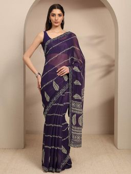 Libas - Purple Ethnic Motif Printed Embellished Border Saree With Unstitched Blouse