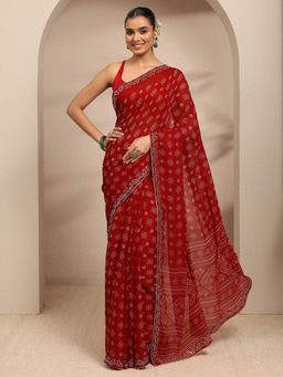 Libas - Red Ethnic Motif Printed Embellished Border Saree With Unstitched Blouse