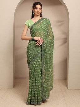 Libas - Green Ethnic Motif Printed Embellished Border Saree With Unstitched Blouse