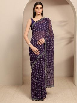 Libas - Purple Ethnic Motif Printed Embellished Border Saree With Unstitched Blouse