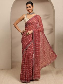 Libas - Brown Ethnic Motif Printed Embellished Border Saree With Unstitched Blouse