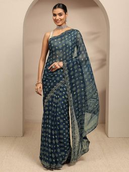 Libas - Navy Ethnic Motif Printed Embellished Border Saree With Unstitched Blouse