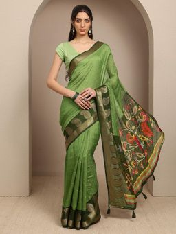 Libas - Green Paisley Woven Design Saree With Unstitched Blouse