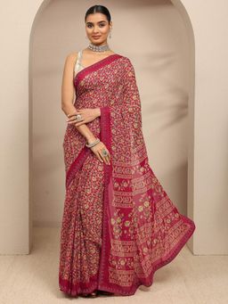 Libas - Red Floral Printed Saree With Beads Embellished Border Saree With Unstitched Blouse