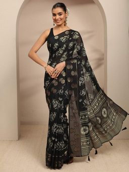 Libas - Black Floral Printed Saree With Woven Design Border Saree With Unstitched Blouse
