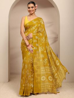 Libas - Mustard Floral Printed Saree With Woven Design Border Saree With Unstitched Blouse