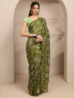 Libas - Green Floral Printed Saree With Woven Design Border Saree With Unstitched Blouse