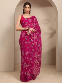 Libas - Pink Floral Printed Saree With Woven Design Border Saree With Unstitched Blouse