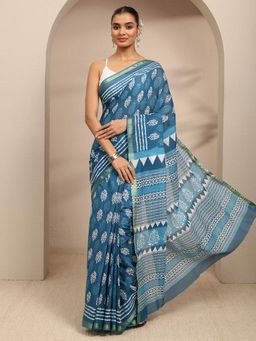 Libas - Blue Ethnic Motif Printed Saree With Unstitched Blouse
