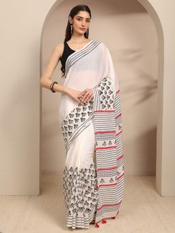 Libas - White Ethnic Motif Printed Saree With Unstitched Blouse