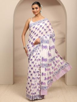 Libas - White Animal Printed Saree With Unstitched Blouse