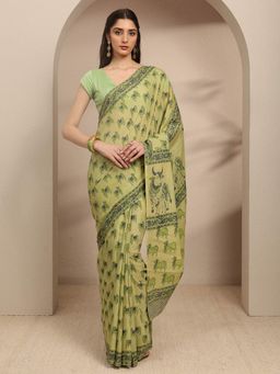 Libas - Green Animal Printed Saree With Unstitched Blouse