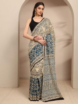 Libas - Beige Floral Printed Saree & Printed Border Saree With Unstitched Blouse