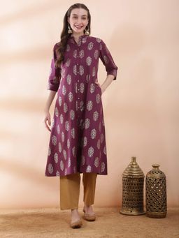 Globus - Women Purple Ethnic Gold Foil Print Mandarin Neck Button Down A-Line Kurta