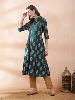 Globus - Women Green Ethnic Gold Foil Print Mandarin Neck Button Down A-Line Kurta
