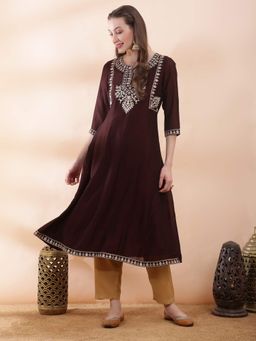 Globus - Women Brown Floral Embroidered Yoke Detail Round Neck Panelled Anarkali Kurta