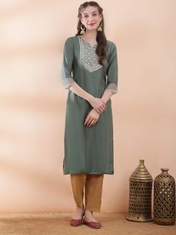 Globus - Women Green Sequin & Zari Embroidered Yoke Scalloped Sleeves Side Slits Kurta