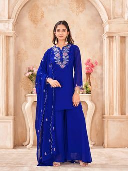 Tikhi Imli - Royal Blue Color Georgette With Thread Work Embroidered Kurta With Palazzo & Dupatta
