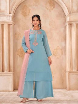 Tikhi Imli - Sky Blue Color Silk Blend Thread Work Embroidered Kurta With Palazzo & Dupatta