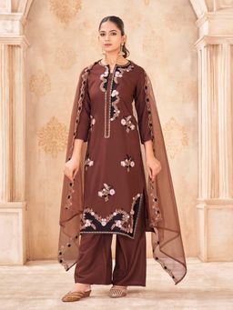 Tikhi Imli - Brown Color Rayon With Thread Embroidered Stright Kurta With Palazzo & Dupatta