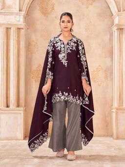 Tikhi Imli - Wine Color Silk Blend Floral Embroidered Kurta With Pant & Dupatta