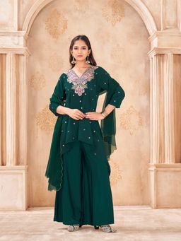 Tikhi Imli - Green Color Silk Blend With Thread & Zari Embroidered Kurta With Palazzo & Dupatta