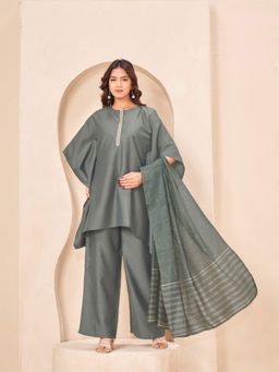 Tikhi Imli - Sage Green Color Silk Blend Solid Kaftan Kurta With Palazzo & Brocade Dupatta