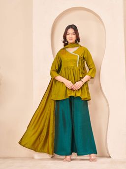Tikhi Imli - Mustard And Teal Color Silk Blend Angrkha Style Kurta With Palazzo & Dupatta